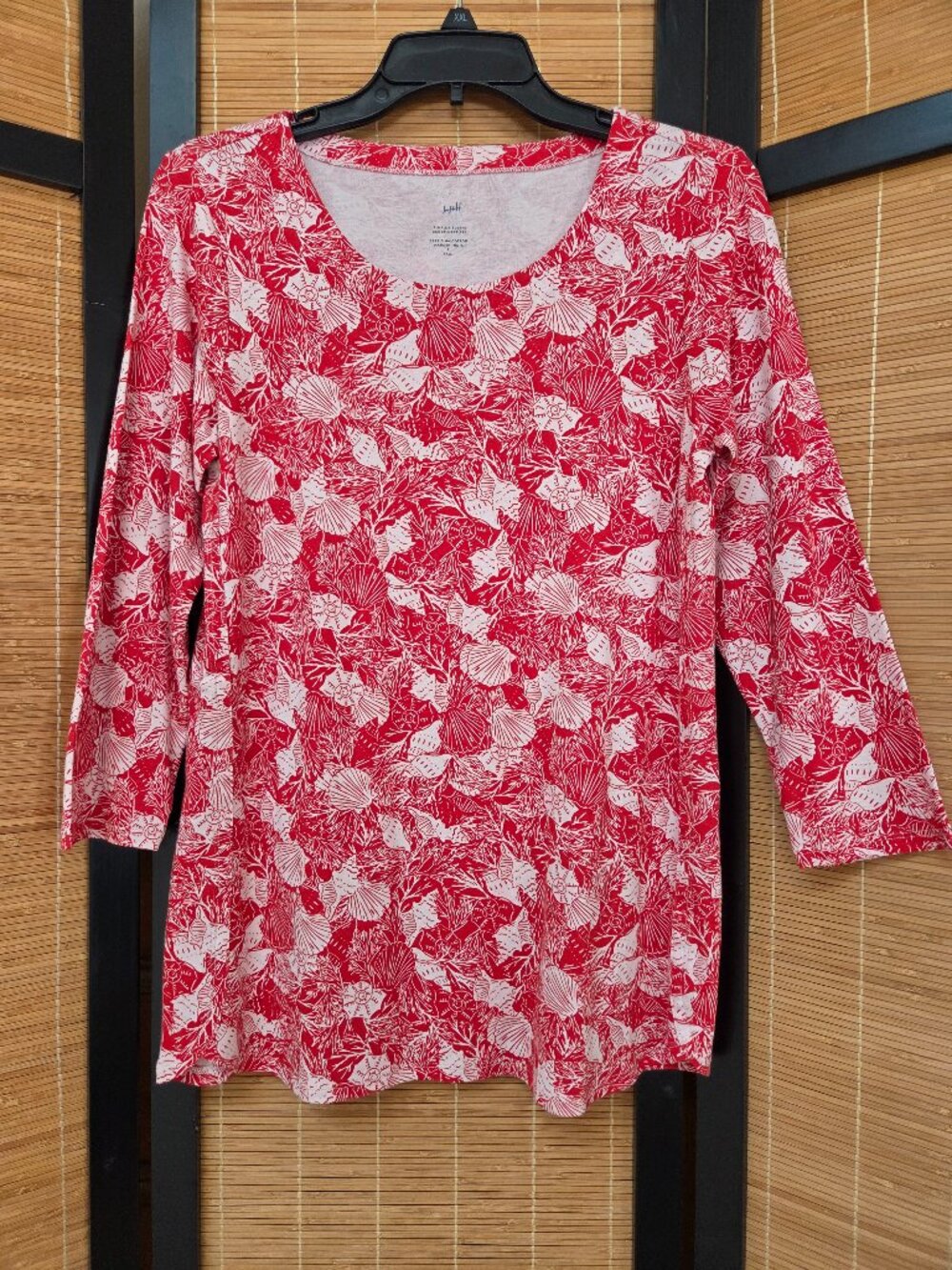 J. Jill Knit Tunic Top S Tall Coral Print 100% Pima Cotton 3/4 Sleeve Coastal
